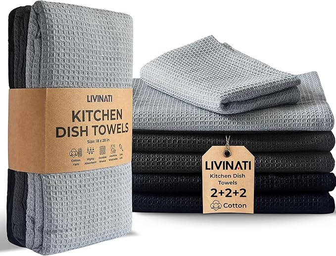 Highly Absorbent Cotton Dish Towels for Drying - Set of 2+2+2 - Light Gray + Dark Gray + Black Kitchen Towels - 18"X28" Lint Free Waffle Weave Cloth Linen Hand Bathroom Bulk Dishtowels