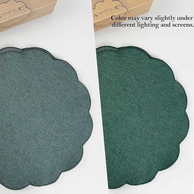 AHHFSMEI Round Faux Linen Placemats Set of 4 Heat Resistant Non-Slip Stain Proof Table Mats for Kitchen Dining Elegant Decor Place Mats (Forest Green,4)