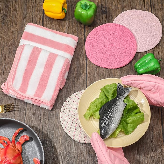 Zubebe Oven Mitts and Pot Holders with Kitchen Towels Set of 7, Valentine Gift for Women Heat Resistant Oven Gloves Hot Pads Kitchen Hand Towels for Cooking Baking(Pink)