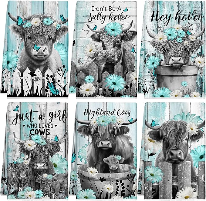 Breling Set of 6 Highland Cattle Kitchen Towels Highland Cow Vintage Themed Dish Towel Bathroom Decorative Rustic Cloths for Kitchen Bathroom Home Cooking Housewarming Gifts, 14 x 21 Inch