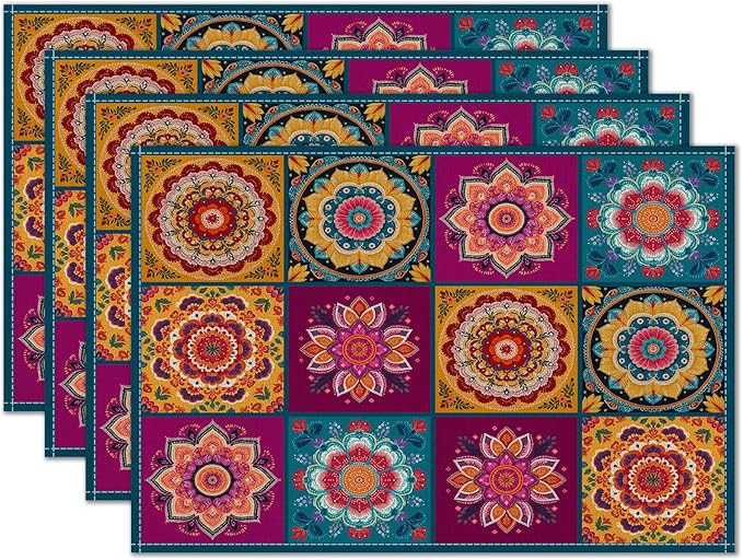 HOMETITUTE Placemats Set of 4 Linen 12x18 Inch Washable Table Mats Mandala Bohemian Style Christmas Place Mats Colorful Placemats Decorative Farmhouse Kitchen Dining Table Set