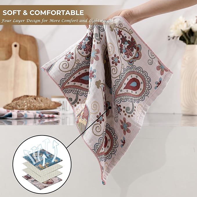 Kitchen Dish Towels for Drying 100% Cotton,Ultra Absorbent Quick Drying Thick Reusable Cleaning Decorative Tea Towels with Hanging Loop,Reversible Boho Pretty Hand Towels,Floral,4 Pack