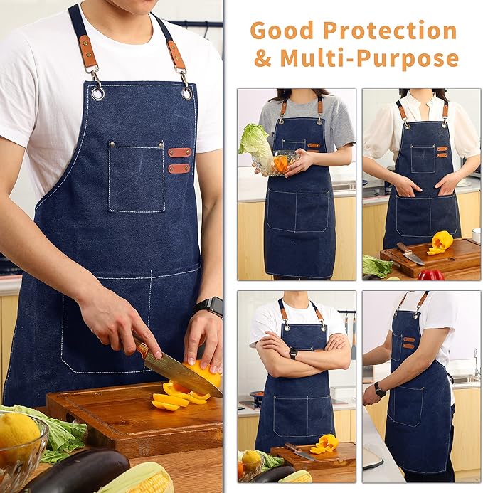 Tosewever 2 Pack Canvas Cross Back Chef Apron for Men Women with Pockets, Cotton Tool Aprons for Cooking Kitchen BBQ Artist