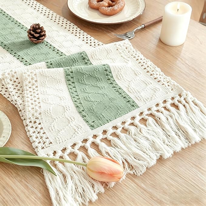 Boho Table Runner for Home Decor with Tassels 72 Inches Long , Farmhouse Rustic Green Table Runners for Bohemian Kitchen Dining Table(12x72in)
