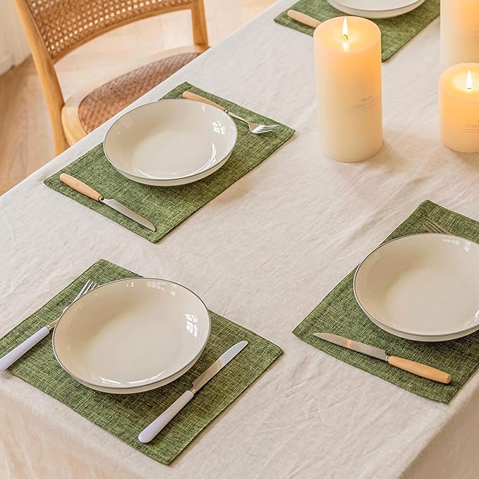 Home Brilliant Linen Cloth Placemats Set of 4 Heat Resistant Dining Table Place Mats Table Mat Kitchen for Wedding Holiday Parties Spring Decor, Green