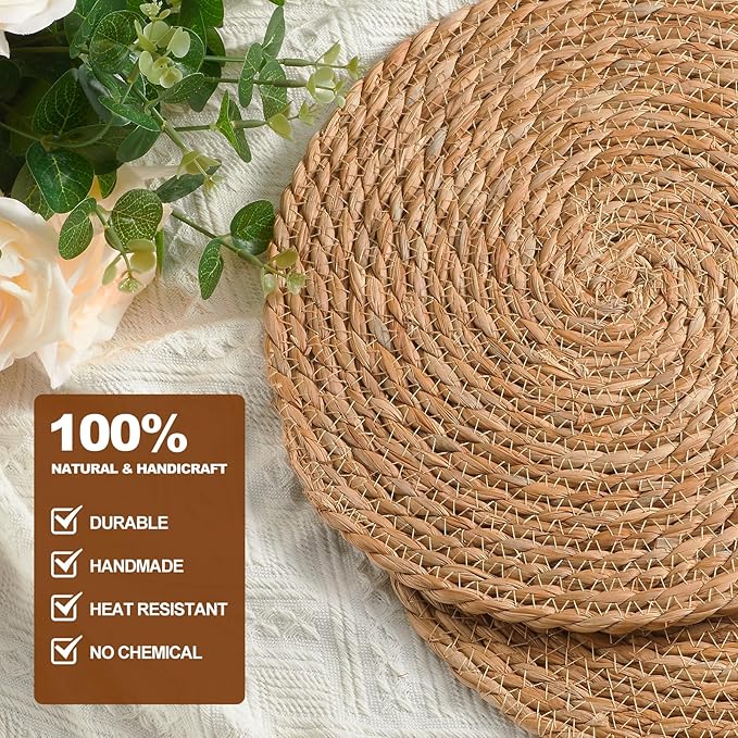 Round Woven Placemats 13 inch Set of 4 - Boho Rattan Placemats Natural Water Hyacinth Placemat, Farmhouse Weave Place Mats, Rustic Braided Wicker Table Mats for Dining Table,Home,Wedding