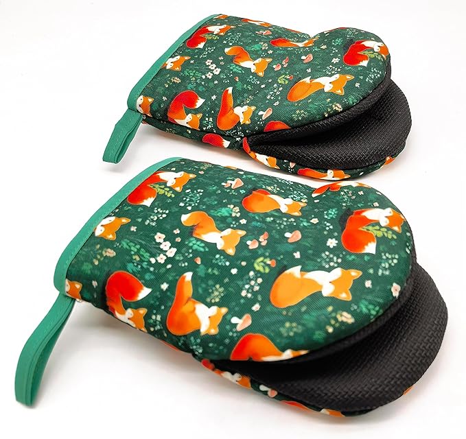 Fox Oven Mitts, High Heat Resistant Kitchen Oven Gloves, Mini Silicone Oven Mitts, Non-Slip Grip Surfaces and Hanging Loop for Grilling, Baking, Cooking and Microwave, Gift