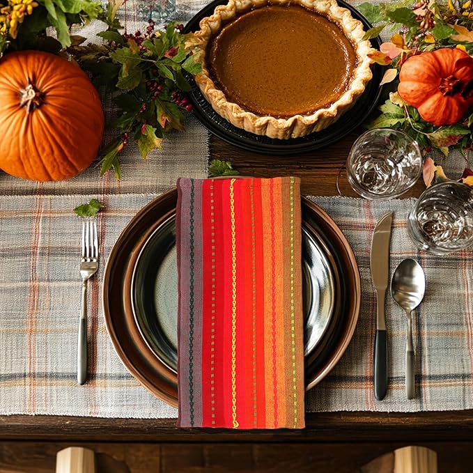 COTTON CRAFT Salsa Stripe Cloth Napkins - 12 Pack - Luncheon Brunch Dinner Table Napkins - 100% Cotton Everyday Harvest Autumn Fall Orange Holiday - Reusable Washable Absorbent - 17x17- Red Rust Multi
