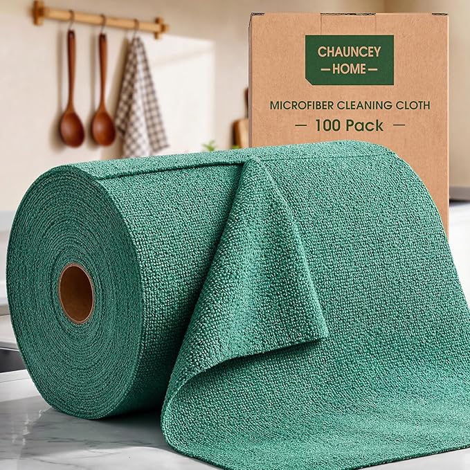 Microfiber Cleaning Cloth Roll–100 Pack, Tear Away Microfiber Towels, Reusable, Washable, Scratch-Free, Kitchen Towels for Car, Home, Kitchen, Glass, Dishes (Malachite Green)