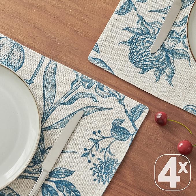 JINCHAN Linen Floral Placemats Set of Cloth Table Mats Rustic Cottagecore Botanical Outdoor Seasonal for Kitchen Dining Decor Heat Resistant Non-Slip Washable Tablemats 13x19 Inch Blue
