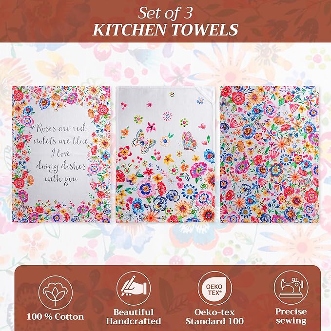 Maison d' Hermine Kitchen Towels Set of 3 100% Cotton 27.50" x 20" Reusable Cloth Tea Dish Towels Absorbent with Hanging Loop for Gifts for Mothers Day Spring/Summer (Happy Florals - High Summer)