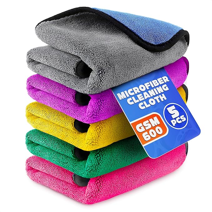 5 Pcs Thick Microfiber Cleaning Cloth – Dual-Layer Cleaning Rags, High-Tensile GSM 600 Fabric, Crafted for Effective Use – 11.8x11.8 Inches Microfiber Towels for Car Detailing, Window, Glass and House