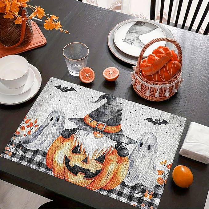 Niviy Buffalo Plaid Bat Ghost Pumpkins Halloween Placemats Set of 4, 12x18 Inch Horror Halloween Table Mats for Holiday Party Kitchen Dining Room Decoration