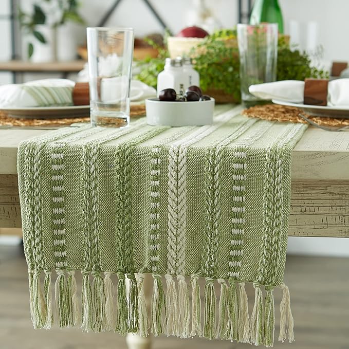 DII Farmhouse Braided Stripe Table Runner Collection, 15x72 (15x77, Fringe Included), Antique Green