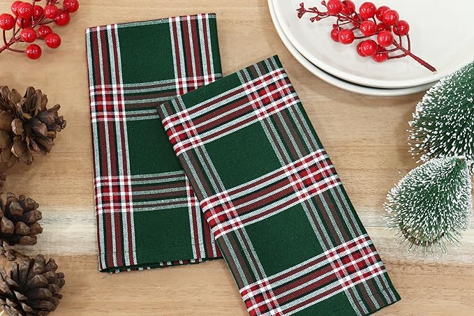 PurpleEssences Tartan Plaid Cloth Napkins - Mitered Corners - Spring Easter Summer - Scottish Check Dinner Napkin - Set of 12-100% Cotton - 18x18 Inch - Reusable Washable - Green