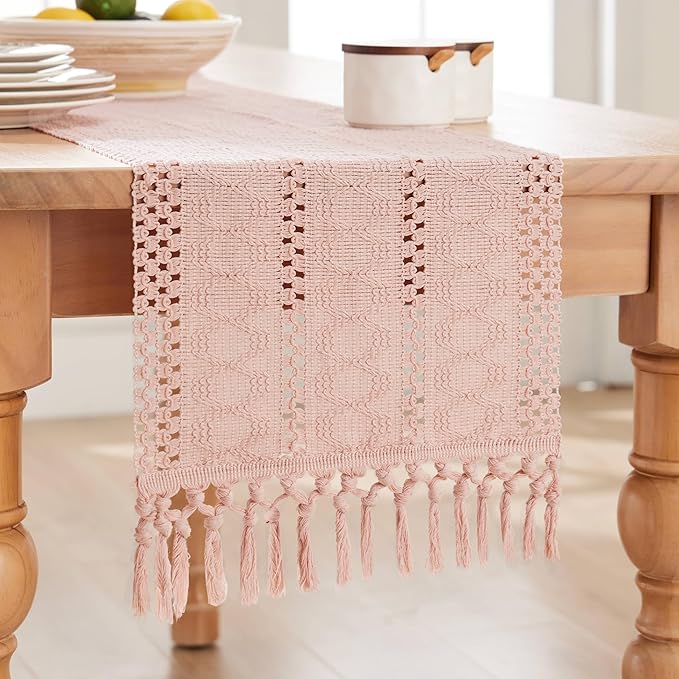 ZeeMart Macrame Style Boho Table Runner, Pink Table Runners 90 Inches Long, Farmhouse Woven Home Decor, 12x90 Inch, Light Pink