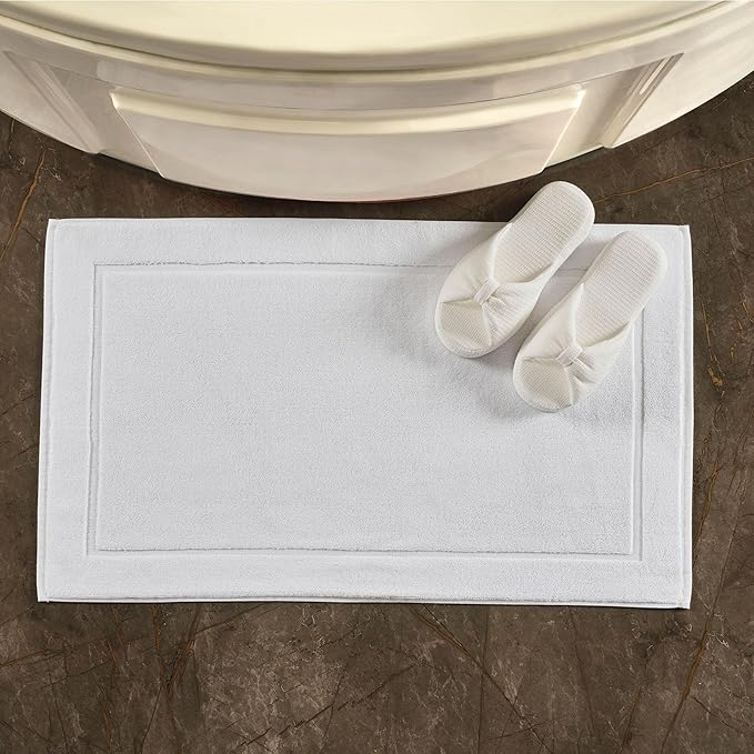 Hawmam Linen White Bath Mats, 21 x 34 inches, Pack of 2-100% Ring Spun Cotton,[Not a Bathroom Rug] Banded Design, Highly Absorbent, Machine Washable for Bathroom Floor Towel