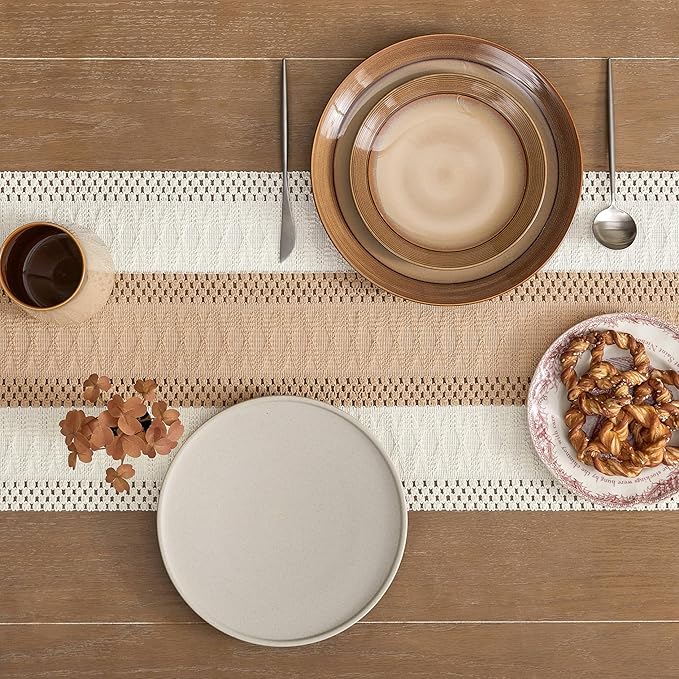 ZeeMart Macrame Style Bicolor Stitching Table Runner, 14 x 48 Inch Beige/Ivory, Boho Light Tan Table Runners 48 Inches Long, Farmhouse Woven Home Decor