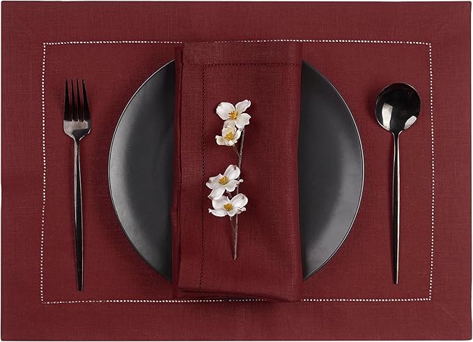 D'Moksha Homes Linen Placemats Set of 4 - Classic Hemstitch Dark Red Placemats 14 x 19 Inch - 100% Pure Linen Table Mats for Mothers Day, Spring - Handcrafted and Machine Washable