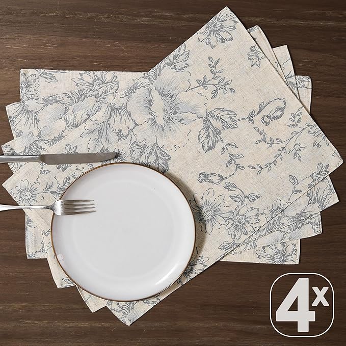 JINCHAN Floral Placemats Set of 4 Farmhouse Linen Placemats Cloth Table Mats Holiday Seasonal Rustic for Kitchen Dining Table Decor Heat Resistant Washable Tablemats 13x19 Inch Gray