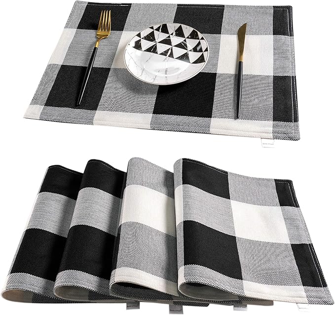 Black and White Placemats Set of 4, Linen Buffalo Plaid Double Layer Spring Placemats Check Kitchen Table Mats,Waterproof Heat Resistant Durable Cloth Washable Placemats 12 x 18 Inches