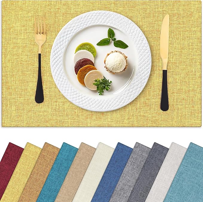 Homaxy Cloths Placemats for Dining Table Set of 4, Heat Resistant Washable Cotton Linen Blend Table Mats, Place Mats for Indoor Outdoor Party Kitchen Decoration, 13" x 19", Mustard Yellow