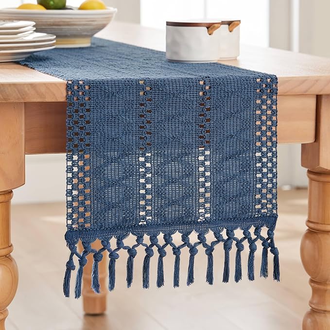 ZeeMart Macrame Style Boho Table Runner, Blue Table Runners 108 Inches Long, Farmhouse Woven Home Decor, 12x108 Inch, Dusty Blue