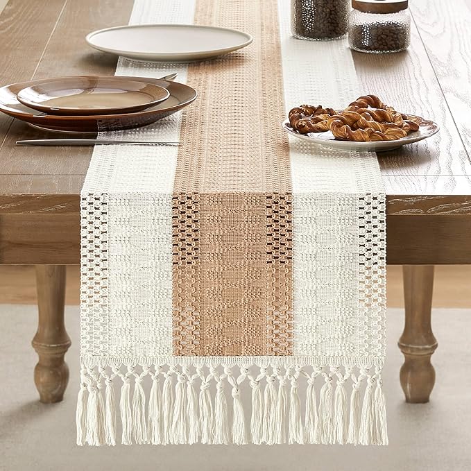 ZeeMart Macrame Style Bicolor Stitching Table Runner, 14 x 108 Inch Beige/Ivory, Boho Light Tan Table Runners 108 Inches Long, Farmhouse Woven Home Decor