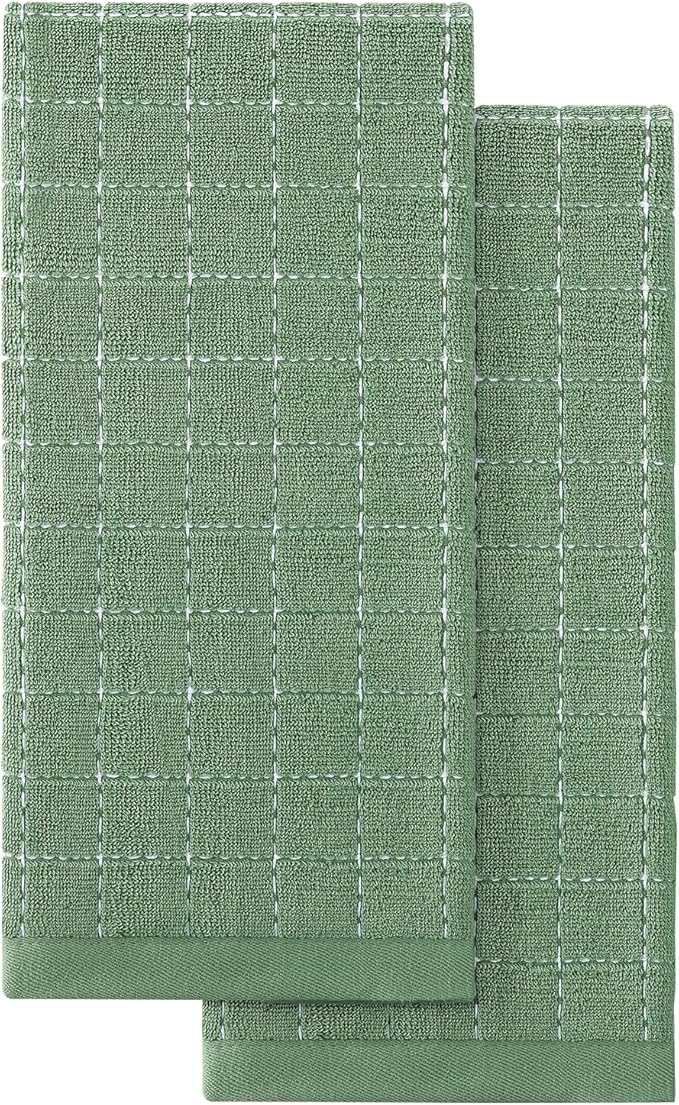 Homaxy 100% Cotton Terry Kitchen Towels(Grass Green, 13 x 28 inches), Checkered Designed, Soft and Super Absorbent Dish Towels, 2 Pack