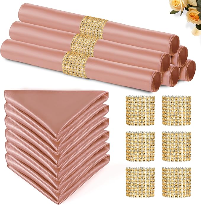 100 Pack Rose Gold Satin Napkins and Napkin Rings Set, 12 x 12 Inch Silky Soft Cloth Napkins Set of 50, Square Satin Dinner Table Napkins Bulk for Wedding Banquet Graduation Party Decoration