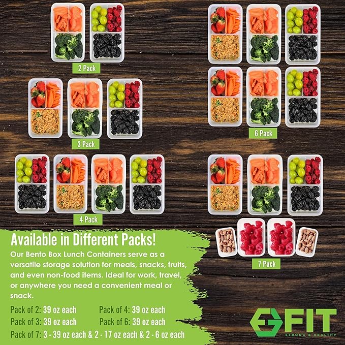 FIT Strong & Healthy Bento Lunch Box & Meal Prep Containers, Food & Snack Storage for Adults & Kids, Microwave, Freezer, & Dishwasher Safe, Reusable, Airtight Lid, Removable Compartments, 39oz, 4 Pack