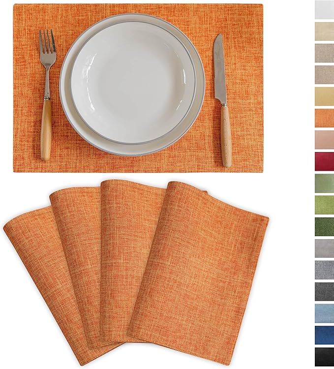 Demetex Orange Placemats Set of 4 Linen Place Mats Decorative Heat Resistant Cloth Table Mats for Party Birthday Gathering Dinner, 13x19 inch, Orange
