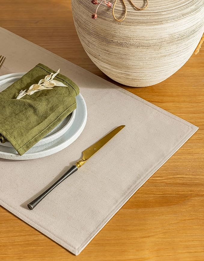 Fabric Linen Dining Table Mats Set of 8 Machine Washable Water Repellent Boho Cream Beige Plate Placemats Dining Room Table Decorations 12x18 Inch