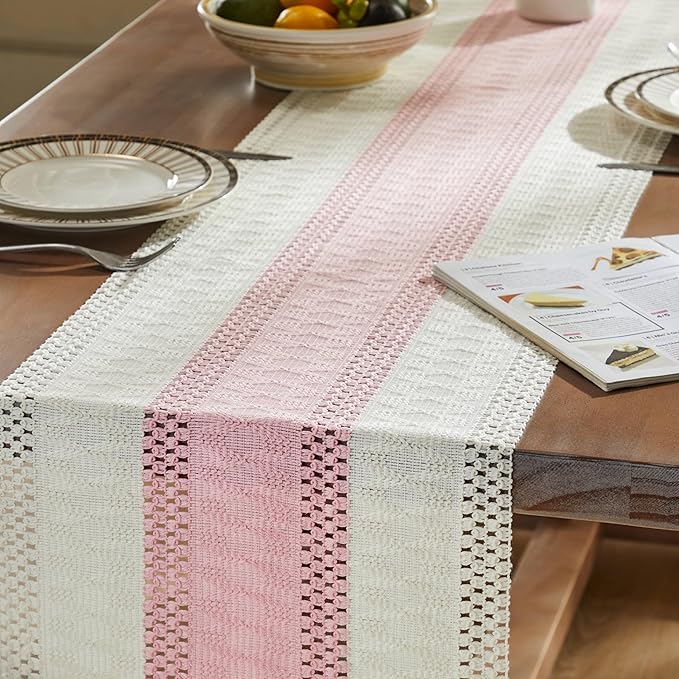 ZeeMart Macrame Style Bicolor Stitching Table Runner, 14 x 108 Inch Light Pink/Ivory, Boho Pink Table Runners 108 Inches Long, Farmhouse Woven Home Decor