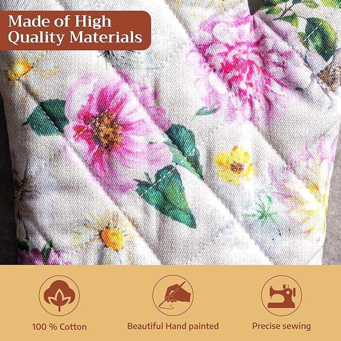 Maison d'Hermine Oven Gloves 100% Cotton Oven Mitt 7" x 13" with Loop Heat Resistant BBQ Cooking Gloves Baking Grilling Gifts for Mothers Day Spring/Summer (Pack of 1, Pivoine)
