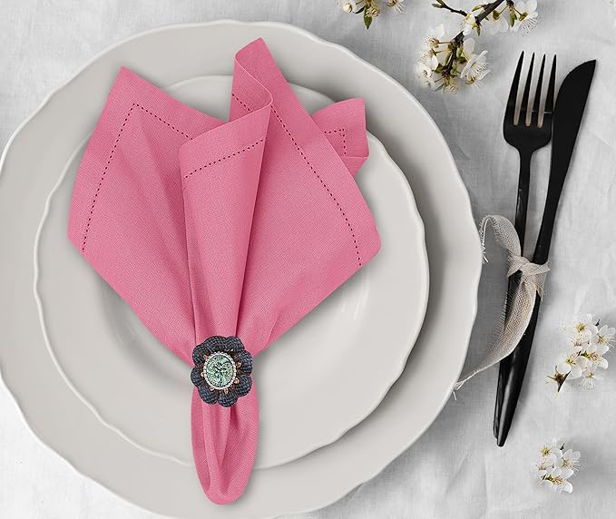 Ruvanti Premium Linen Napkins Set of 12-20x20 Inch, Classic Hemstitch, Mitered Corner Cloth Napkins ‎‎- Soft, Elegant Dinner Napkins Cloth Washable for Weddings, Parties, Everyday Use - Pink