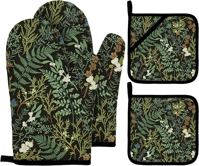 Botanical Print Floral Oven Mitts and Pot Holders Sets Black Sage Green Leaves Kitchen Oven Gloves Hot Pads Farmhouse Potholders and Kitchen Mitts 4Pcs for Baking Cooking BBQ (Black)