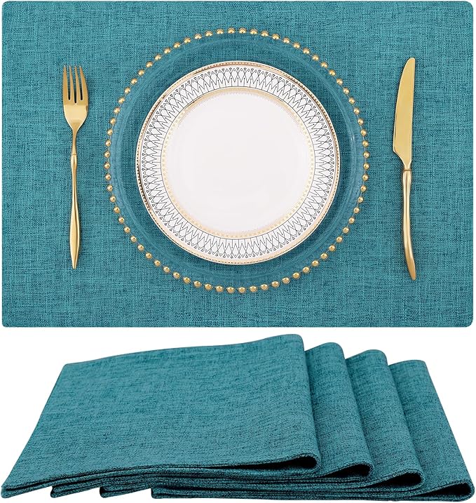 homing Cotton Linen Placemats Set of 4, Cloth Washable Farmhouse Dining Table Mats for Indoors & Outdoors, Easy to Clean, Teal, 13 x 19 Inch