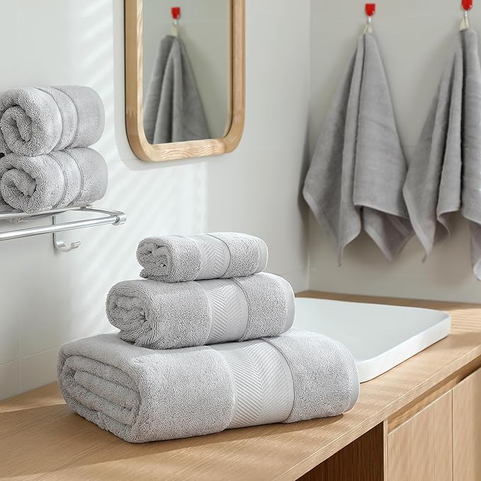 Simple&Opulence Premium 100% Cotton Towel Set 6 Piece，Soft Absorbent Towels for Bathroom,Hotel and Spa,2 Bath Towels 28"x55" 2 Hand Towels 16"x28" & 2 Washcloths 12"x12" (Light Grey)