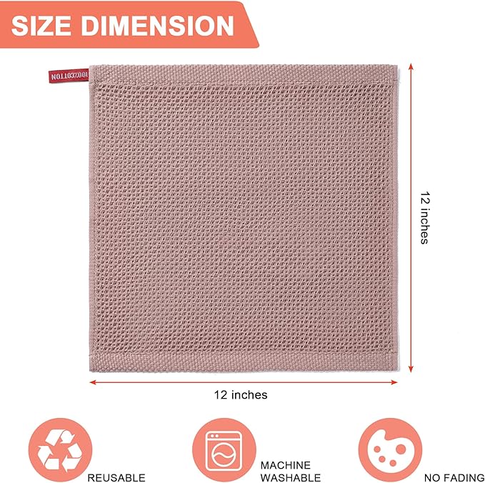 BOOMIBOO 8-Pack Kitchen Dish Cloths, 100% Cotton Waffle Weave, Ultra Soft Absorbent, Quick Drying Dish Towels, 12x12 Inches, Brown