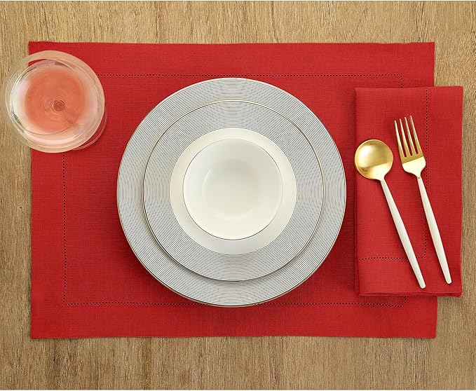 Solino Home Red Linen Napkins Set of 4-100% Pure Linen Hemstitch Dinner Napkins 20 x 20 Inch for Mothers Day, Memorial Day - Classic Hemstitch