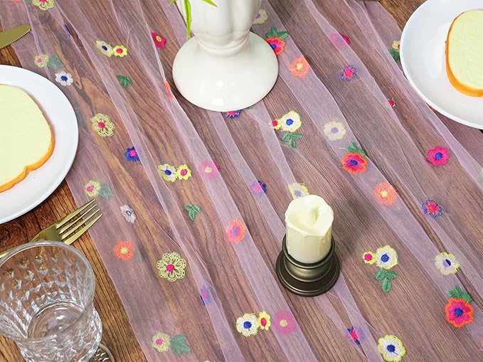 YATOJUZI Pink Table Runner Embroidery Daisy Summer Floral Decorations Seasonal Tulle Dining Table Runners for Home Kitchen Decor Wedding Shower Party