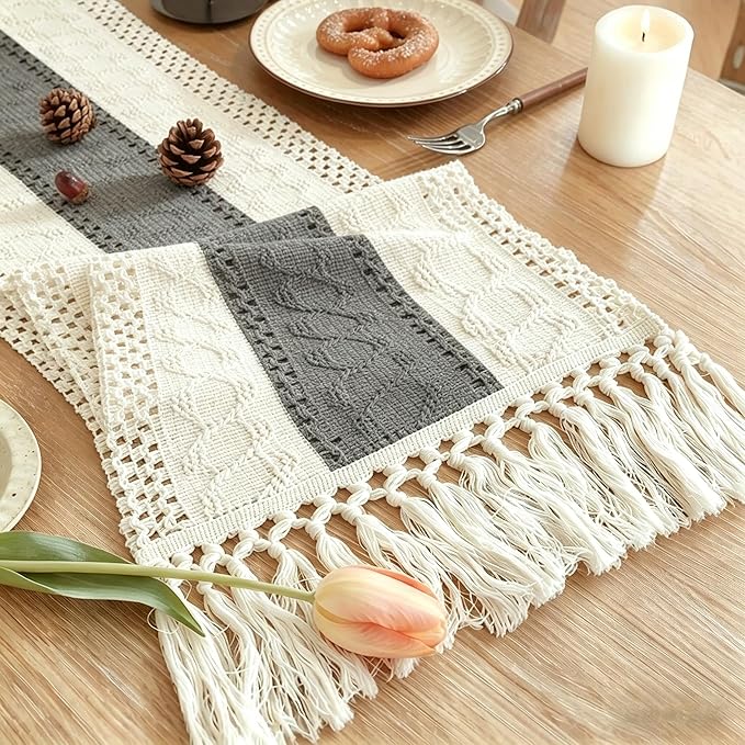 Boho Table Runner for Home Decor with Tassels 72 Inches Long , Farmhouse Rustic Grey Table Runners for Bohemian Kitchen Dining Table(12x72in)