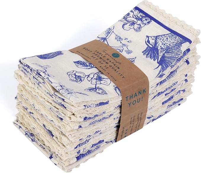 FINGERCRAFT Dinner Cloth Napkin Cotton Linen Blend 4 Pack Mitered Corners with Elegant Lace for Everyday Use Napkins are Pre Shrunk and Good Absorbency (Toile, 20in x 20in)