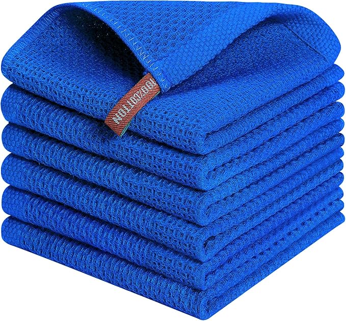 Kitinjoy 100% Cotton Kitchen Dish Cloths (12 X 12 Inches, Blueberry), 6 Pack Waffle Weave Ultra Soft Absorbent Dish Towels for Drying Dishes Quick Drying Kitchen Towels Dish Rags