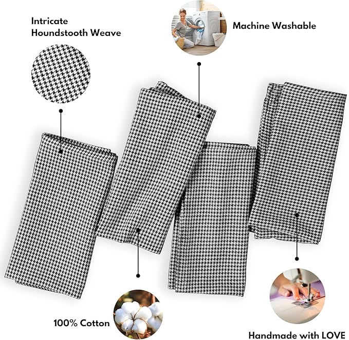 Cloth Napkin 100% Cotton 18Inch x 18Inch Decorative Washable Houndstooth Check Napkins Table Napkin for Dining, Kitchen, Parties & Camping - Black (Set of 12)