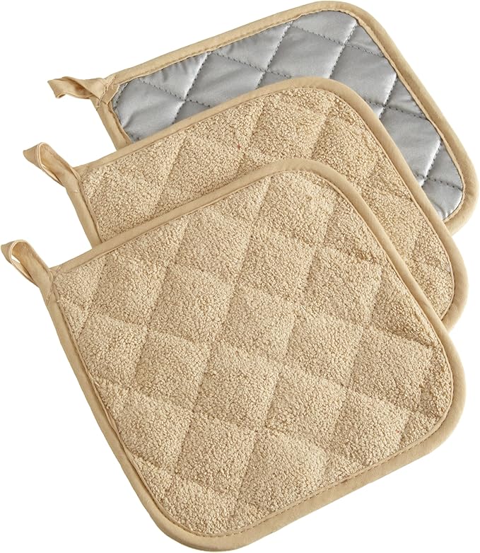 DII Basic Terry Collection Quilted 100% Cotton, Potholder, Pebble, 3 Piece