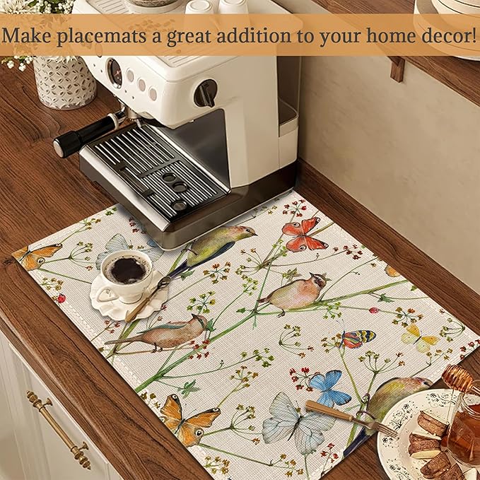 Placemats Set of 6, Vintage Nature with Birds and Butterflies Linen Place Mats,Modern Washable Table Placemats 12"x18" Heat Resistant Table Mats for Dining Kitchen Party Holiday Decoration