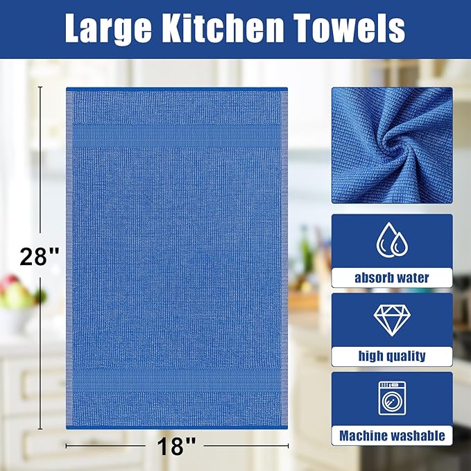 Homaxy Premium Kitchen Towels(18”x 28”, 8 Pack), Large Cotton Kitchen Hand Towels, Flat and Terry Dish Towels, 380 GSM Highly Absorbent Tea Towel Set with Hanging Loop, Blueberry
