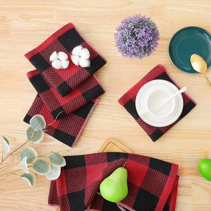 Homaxy 100% Cotton Waffle Weave Check Plaid Dish Cloths, 12 x 12 Inches, Super Soft and Absorbent Dish Towels Quick Drying Dish Rags, 6-Pack, Black & Red